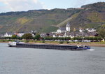 Pegasus Frachtschiff auf dem Rhein mit dem Hintergrund von Leutesdorf zu bergfahrend am 03.10.16.